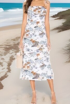 Free People Beach Size 0 Party Womens Midi Dress Floral Linen Slip White  Palms