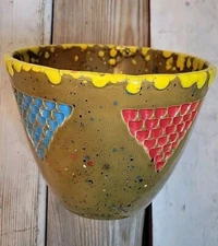 Art Studio Pottery Bowl Vase Splatter Drip Glaze Multi Triangle Design Signed...