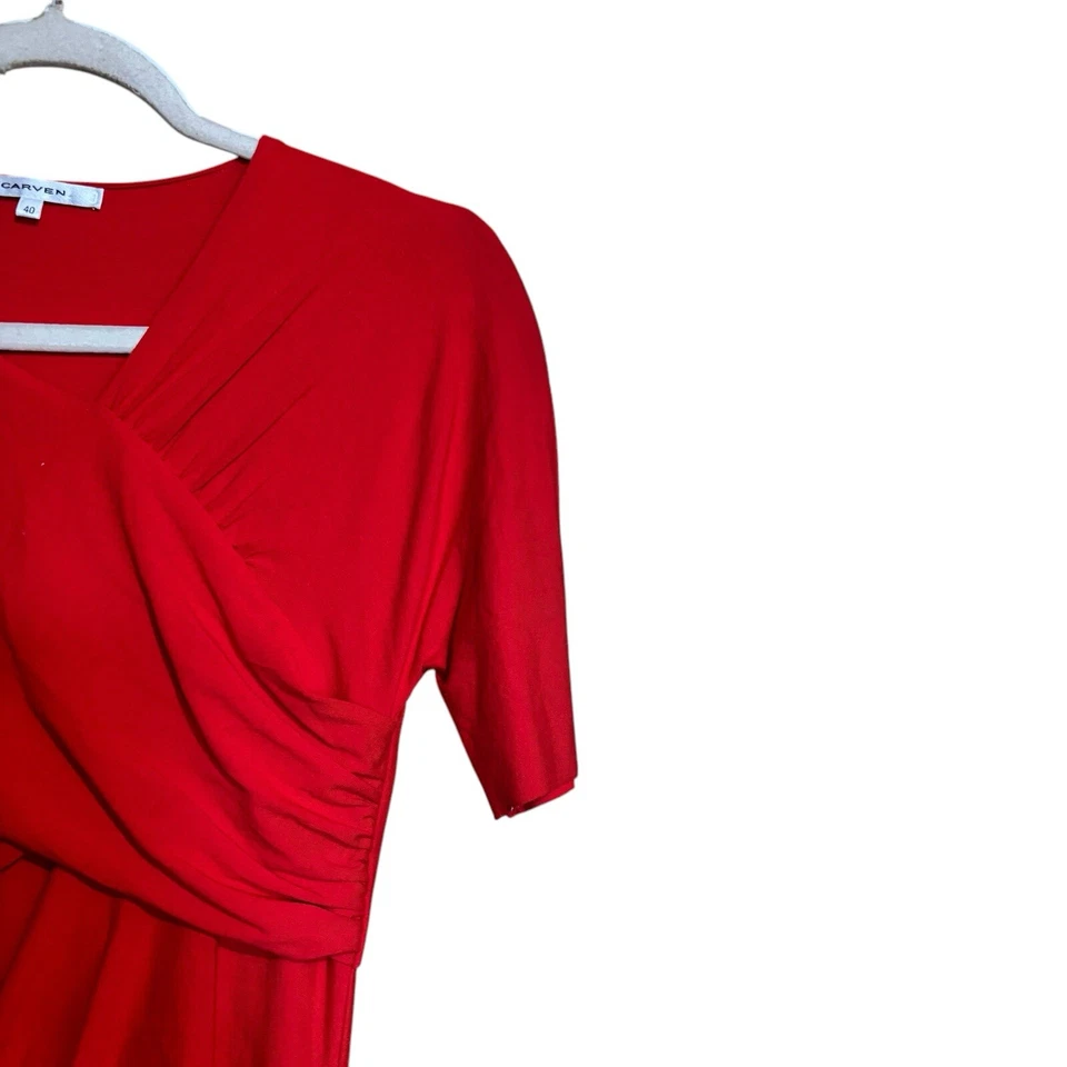 Carven Cocktail Dress Womens 40 Red Shirred Ruched Mini Short Sleeve Stretch - Image 3 of 4