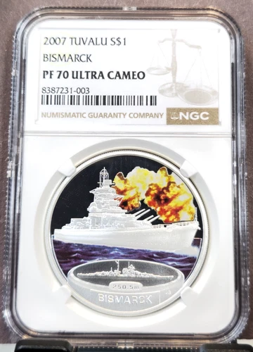 2007 TUVALU SILVER 1 DOLLAR BATTLESHIP BISMARCK NGC PF 70 ULTRA CAMEO RARE