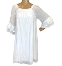 Naif White BOHO Dress/Beach Cover-up Ruffle 3/4 Bell Sleeves Sz PL #299i