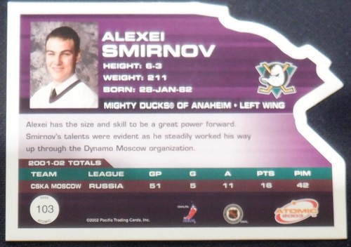 Alexei Smirnov Pacific Atomic rookie card 103 - 1300, 2002 03 NHL, Mighty Ducks - Picture 2 of 2
