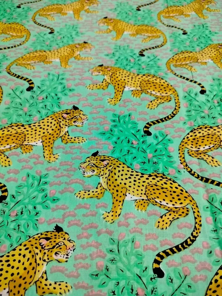25 Yards Fabric Indian Green Tiger Hand Printed Cotton Fabric Sewing Fabrics - Image 3 of 4