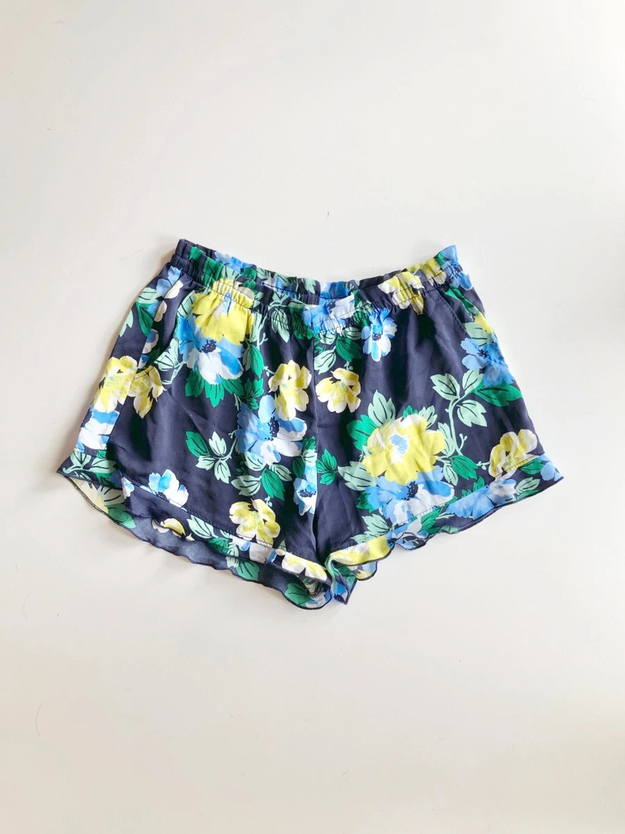 NWT AERIE SLEEPWEAR Navy Blue Floral Satin Ruffle Trim Pajama Shorts, Size  M