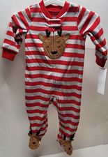 Carter's Just One You Reindeer Face Gray Red Stripes 6M Fleece Footed Pajama