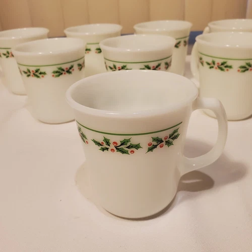 Vintage Christmas Holly Days Corning D-Handle Milk Glass 8 Cups Mugs Corelle 