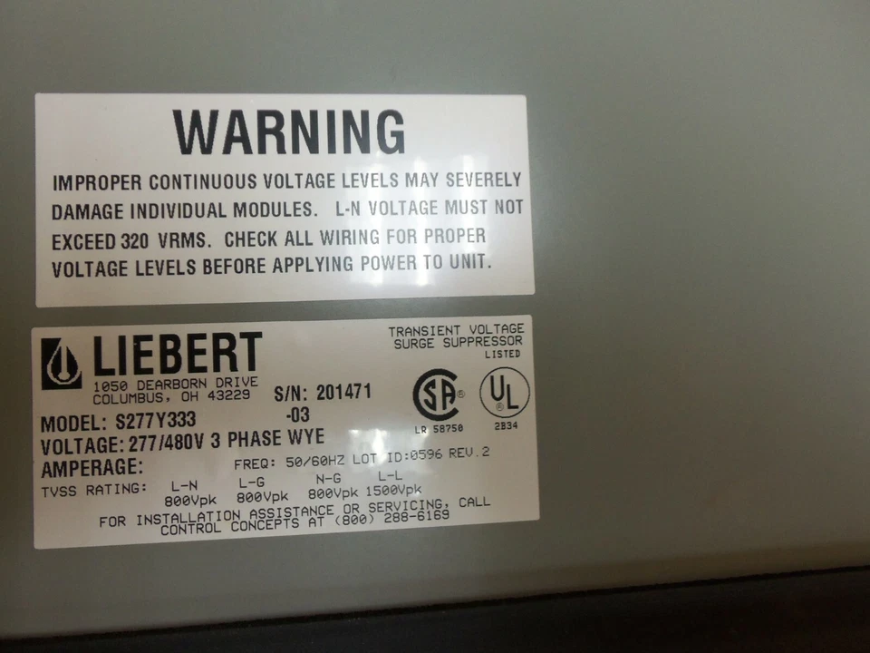 LIEBERT CURRENT DIVERSION SYSTEM S277Y333 Surge Supressor 480v 3 Phase 4w AK - Image 3 of 4