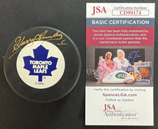 Harry Lumley SIGNED NHL Toronto Maple Leafs Puck JSA w/COA Hockey HOF! (d.1998)