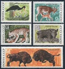 Product Image: Russia 3640-3644, MNH. Mi 3667-3771. Black stork, Red deer,fawn,bison,pig. 1969.