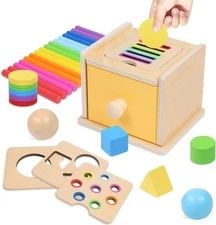 Montessori Toys for 1+ Year Old, 4 in 1 Object Permanence Coin Box, Ball Drop Co