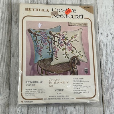 Vintage Bucilla Creative Needlecraft Crewel Embroidery Kit #8367 Wisteria Pillow