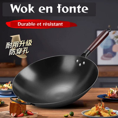 Traditioneller asiatischer Wok aus Schmiedeeisen mit Holzgriffen - 30/32/34/36/40cm