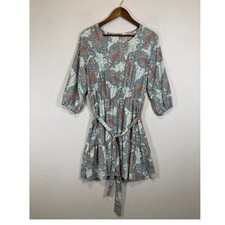 Boho Jane and Delancey Women Large Blue Paisley Tiered 3/4 Sleeve Mini Dress