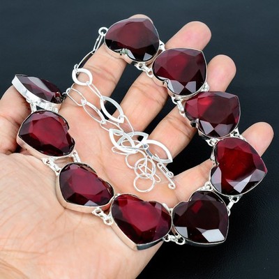 Mozambique Garnet 925 Sterling Silver Heart Gemstone Jewelry Necklace 8'' AAB 88