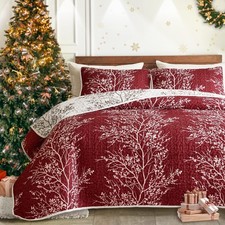 3 Pieces Christmas Quilt Set Burgundy Red Branch Queen Size 88x88 Soft Microfibe