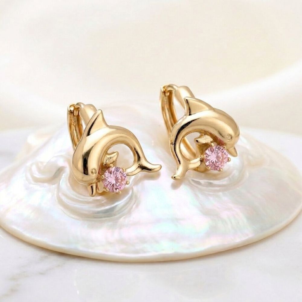 Créoles dauphin en plaqué or jaune 750 et zircon rose éclatant