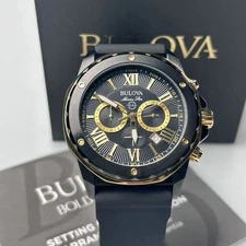 Bulova Marine Star Men's Quartz Watch Gold/Black Dial Rubber Strap 44mm 98B278