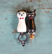 Set/2 Vintage Cat Kitten Bottle Opener Wine Bottle Stopper Hand Painted Wood