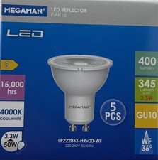 Pack of 5 Megaman 3.3W GU10 LED spot bulb 55mm x 50mm 4000k Cool White 36º