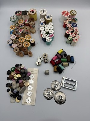 Vintage Sewing Supplies Thread Buttons, Wooden Spools Styrofoam Plastic, Conchos
