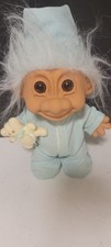 Vintage Russ Boy Troll Doll Blue Pajamas Night Cap Hat Teddy Bear PJs Sleep 8  