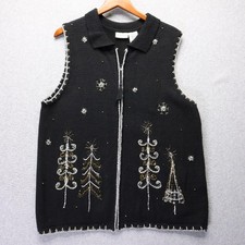 Vtg White Stag Sweater Vest Womens 16W Black Christmas Beaded Sequins Zip Front