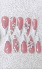 French Tip Stiletto Press On Nails with 3D Flowers Includes Glue (Sizes M &L)