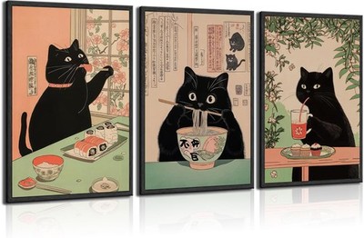 3Pcs Japanese Vintage Black Cat Wall Art Cute Black Cat Eating Ramen Sushi Wa...