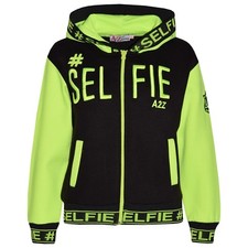 Giubbotti Per Ragazze #Selfie Ricamato Verde Neon Con Zip Cappuccio 5-13 Anni
