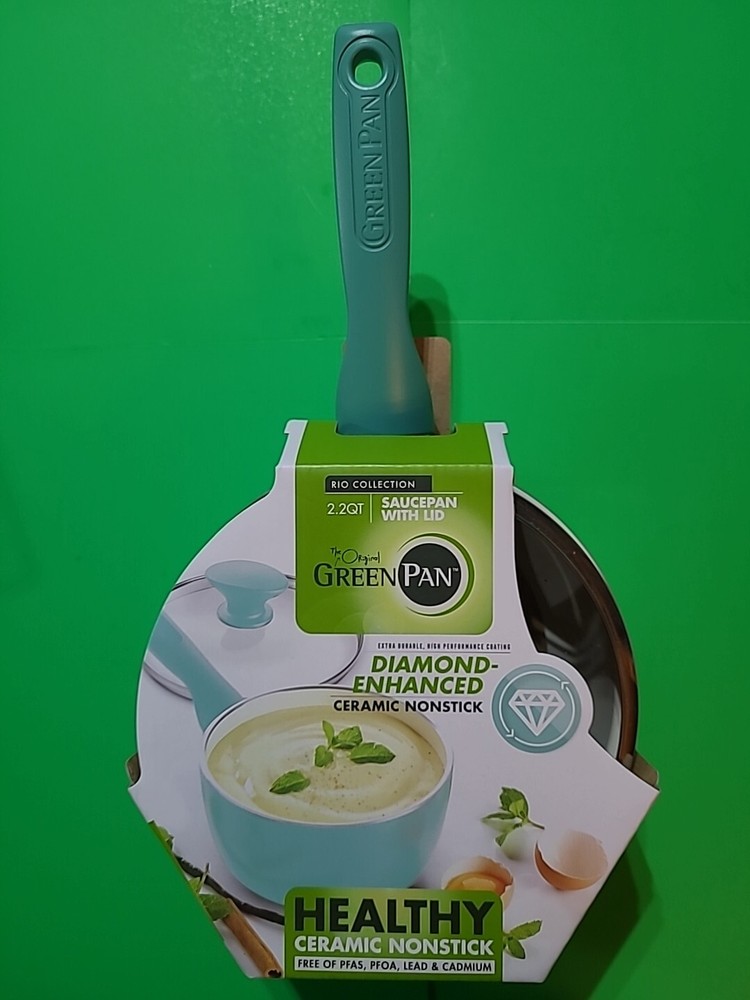 GreenPan Rio Healthy Ceramic Nonstick 2.2QT Saucepan Pot with Lid, Turquoise NEW