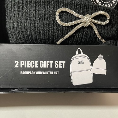 Nuovo Steve Madden 2 pezzi set regalo Bling strass zaino borsa cappello invernale nero - Foto 10 di 14
