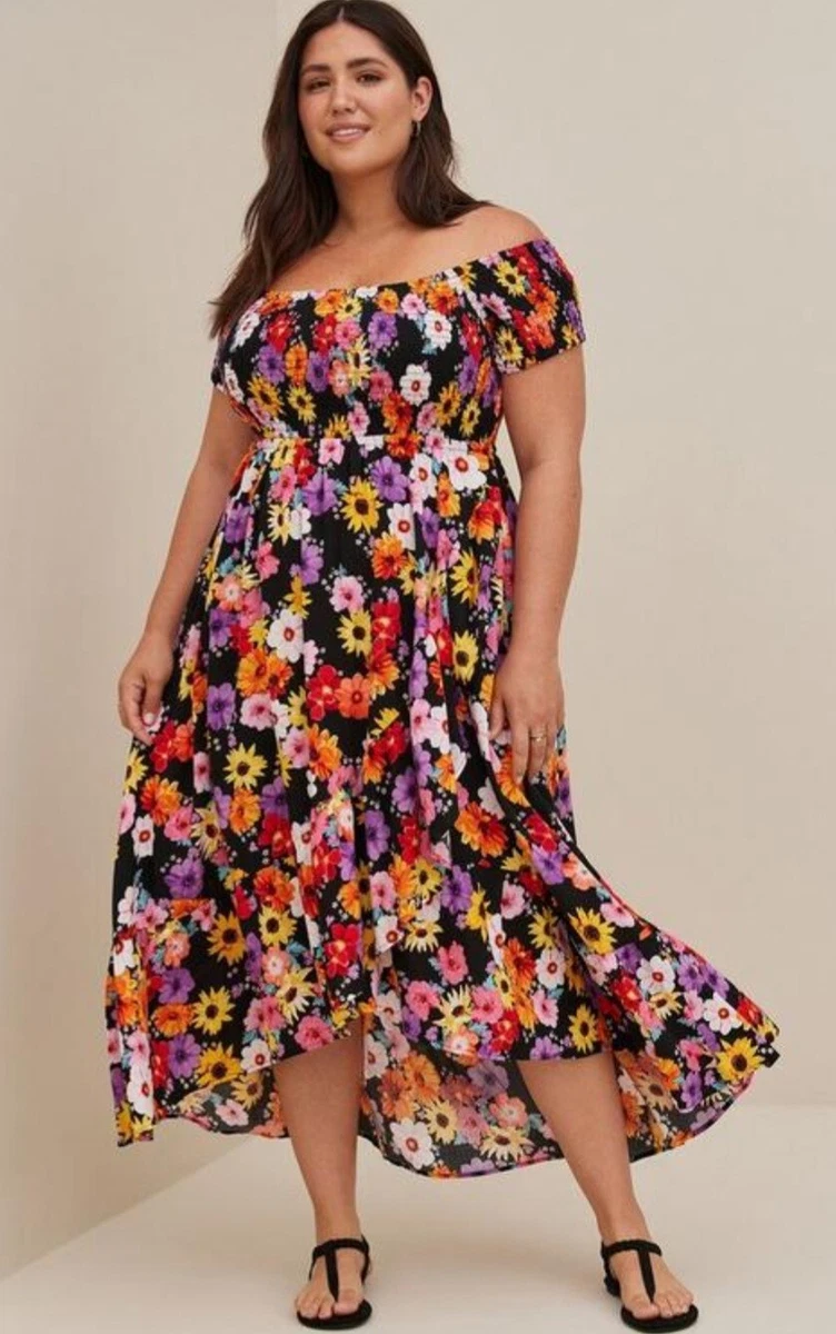 NWT Torrid Plus Size 1 1X 14/16 MAXI CHALLIS OFF-SHOULDER DRESS BRIGHT  FLOWERS