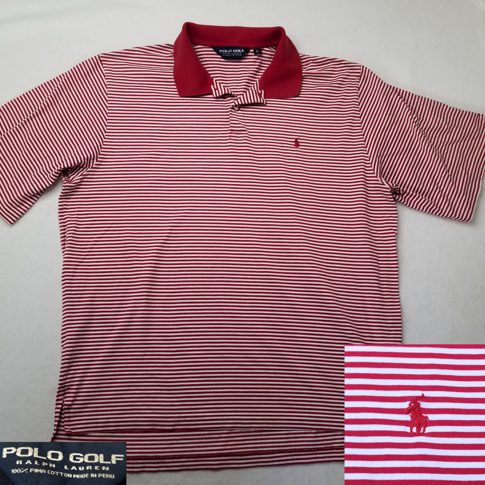 Polo Golf Ralph Lauren Uomo XL Pima Camicia Cotone Arancione Bianco Righe Casual Pony