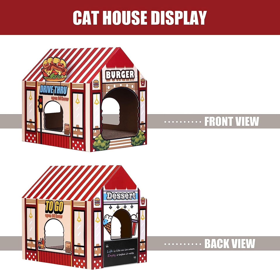 Cardboard Cat House with Scratcher/Catnip, Cat Play House for Indoor
