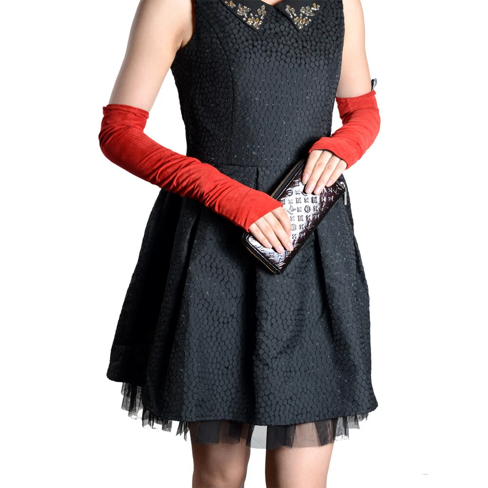 Mujer Gamuza Cuero Semidedo Sin Dedos Fiesta Noche Guantes Largos Mitones Foto 3 de 4