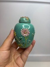 Antique Chinese Porcelain Hand Painted MINI Ginger Jar Flowers on Turquoise 3