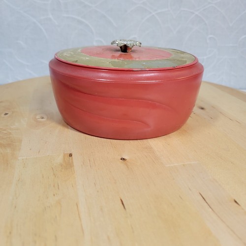 Vintage AVON Persiano Legno Beauty Dust Dish 5" Rosso Oro Coperchio Floreale Puff - Foto 12 di 12