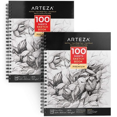 Sketch Book 2 Pack, 9x12 Inches, 200 Sheets of 68 lb Heavyweight Paper, Spira...