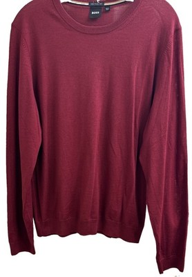HUGO BOSS Dark Red Italian Virgin Wool Crewneck Tight Knit LENO Sweater (M) NWOT