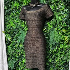 Guess Los Angeles Dress Size 10 Gold Metallic Bandage Off Shoulder Bodycon 4030