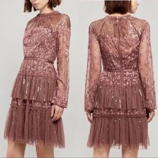 Needle and Thread Sequin Embroidered Tiered  Dress  sheer long sleeves 0 READ