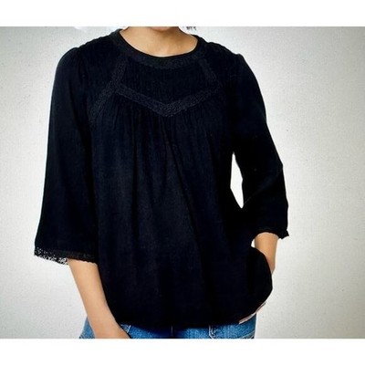 Logo Lavish Womens Top Medium Black Pleated Crochet Trim Keyhole Back Closure