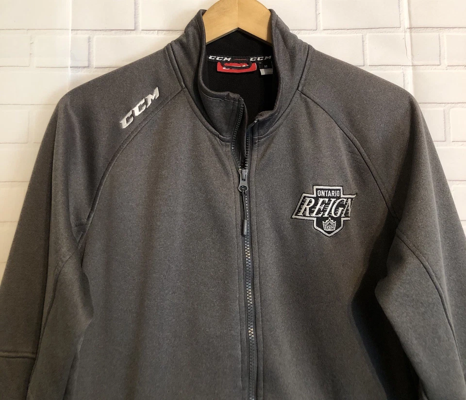Chaqueta de hockey Ontario Reign gris CCM bordada AHL cremallera completa forrada de vellón Foto 4 de 4