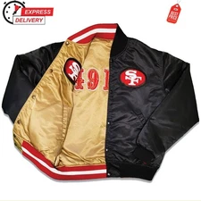 Men's Vinatge 80's SF 49ers Satin Bomber Baseball Reversible NFL Retro Jacket