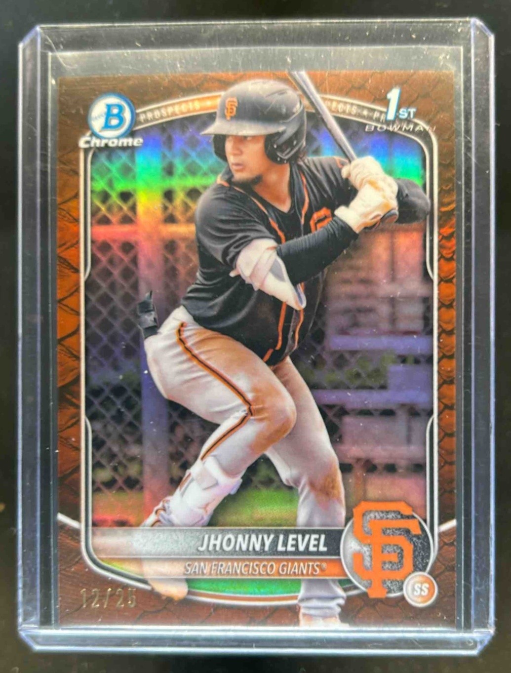 2025 Bowman Jhonny Level Chrome Reptilian Orange Refractor 1st Prospect #12/25