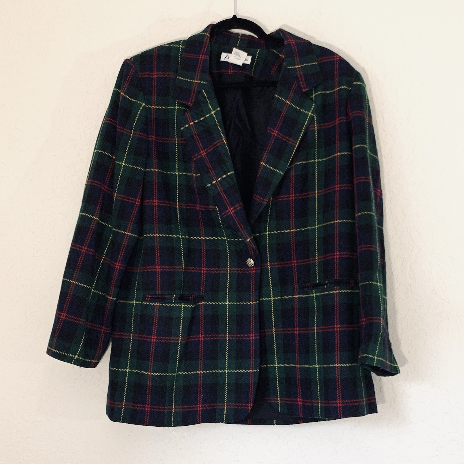 VTG 90s Blazer Jacket Womens 12 Navy Green Tartan Plaid Wool Blend Crest Button