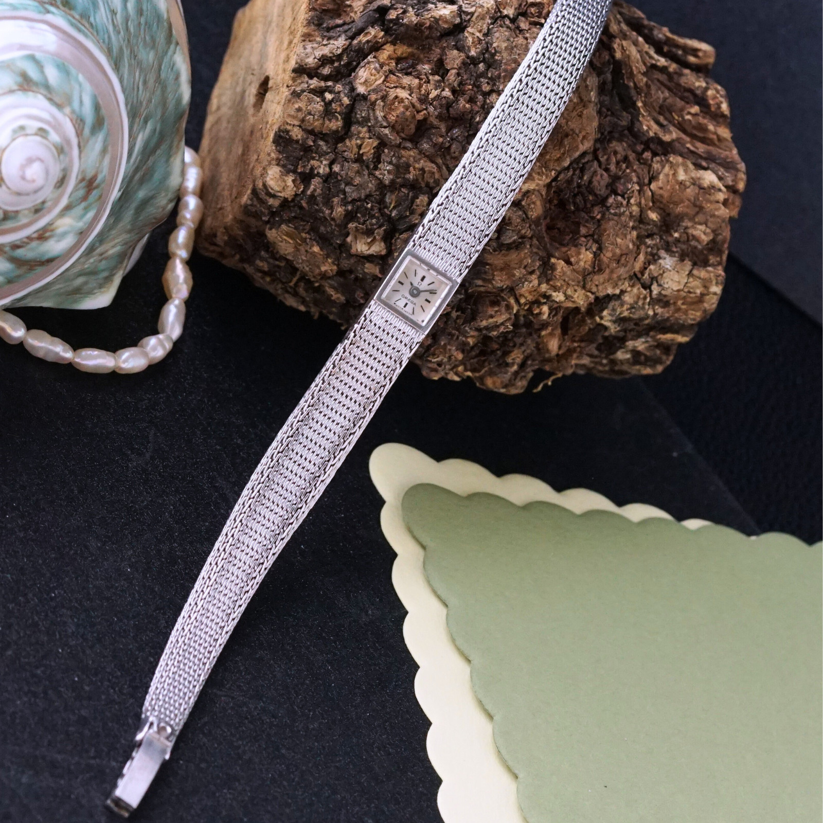 Omega Vintage 18k White Gold Woven Mesh Bracelet 8064 Backwind 1960s image 7