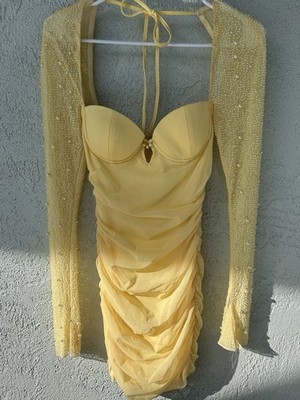Oh Polly yellow Dress Beaded Long Sleeves 