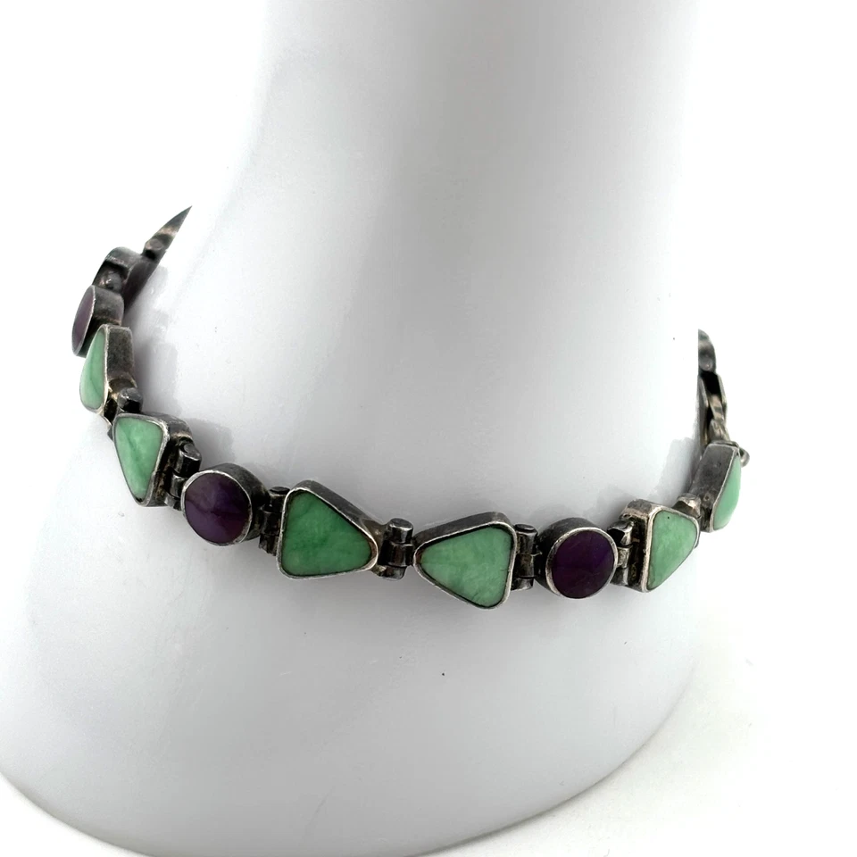 Vintage Sterling Silver Amethyst & Green Garnet Link Bracelet 925 - 7.25" - Image 4 of 4