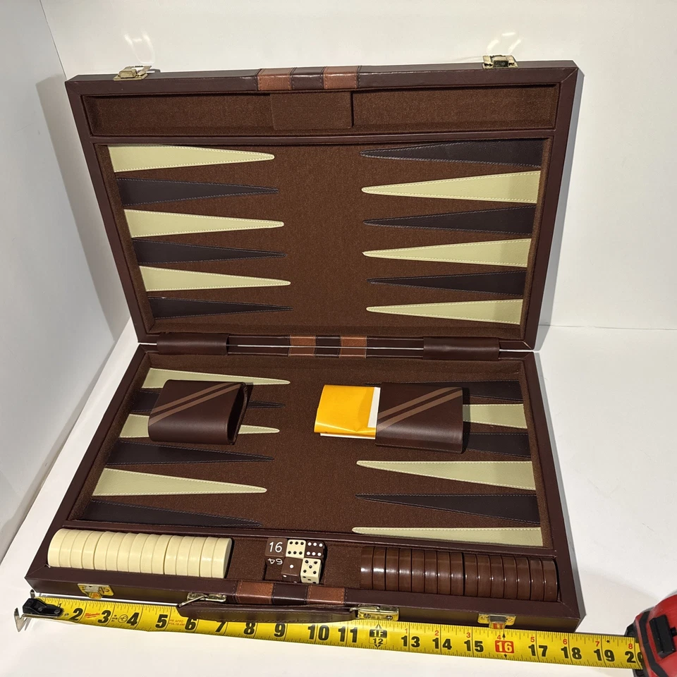Backgammon Set 1980s Taiwan Deluxe Faux Leather 18” Vintage Complete Case New - Image 2 of 4